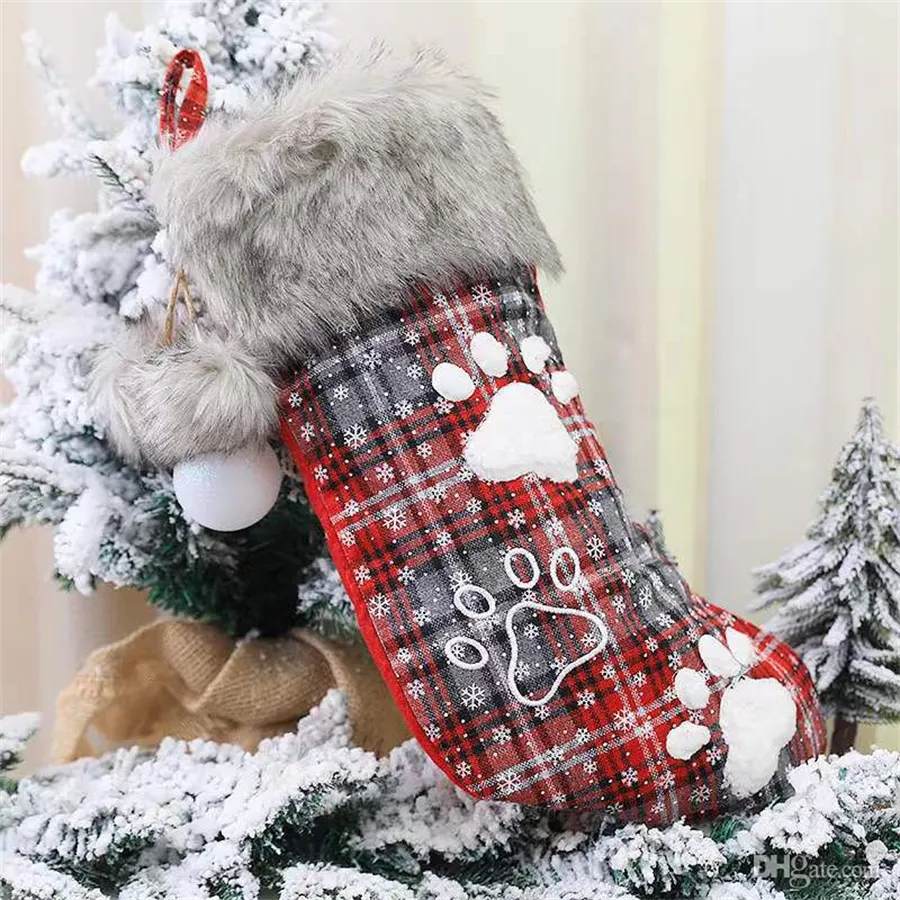 Christmas Tree Stocking Santa Claus Candy Gift Bag Christmas Dog`s Paw Fur Collar Stockings Xmas Party Hanging Decoration