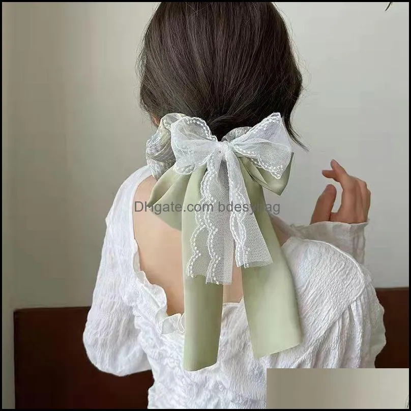 Hair Rubber Bands Elegant Green Scarf With Ribbon Bow For Woman Girls Scrunchies Bows Chiffon Floral Scrunchie Long Ties Pon Bdesybag Dhsco