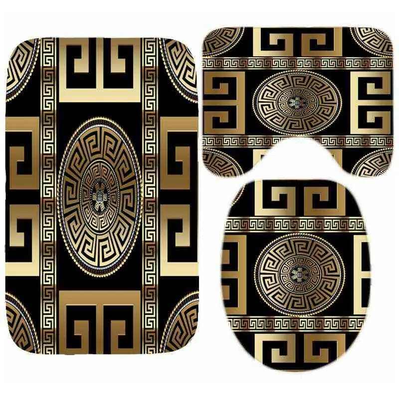 Bath Mats Luxury Black Gold Greek Key Meander Border Bath Rug Set