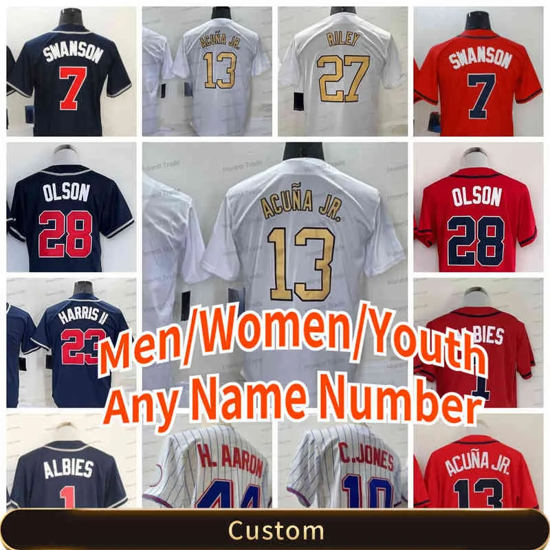 Jersey de beisebol personalizada Ronald Acuna Jr. Dansby Swanson Austin Riley Harris II Max Fried Chipper Jones Olson Hank Aaron Red White Mass Women