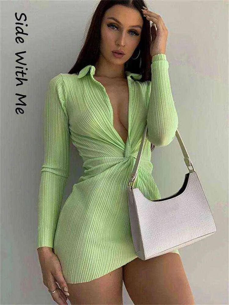 Side with Me Turn Down Callor Sexy Bodycon Long Sleeves Woman Mini Dress 2022 Summer Party Club Elegant Robe Dresses for Wome T220819