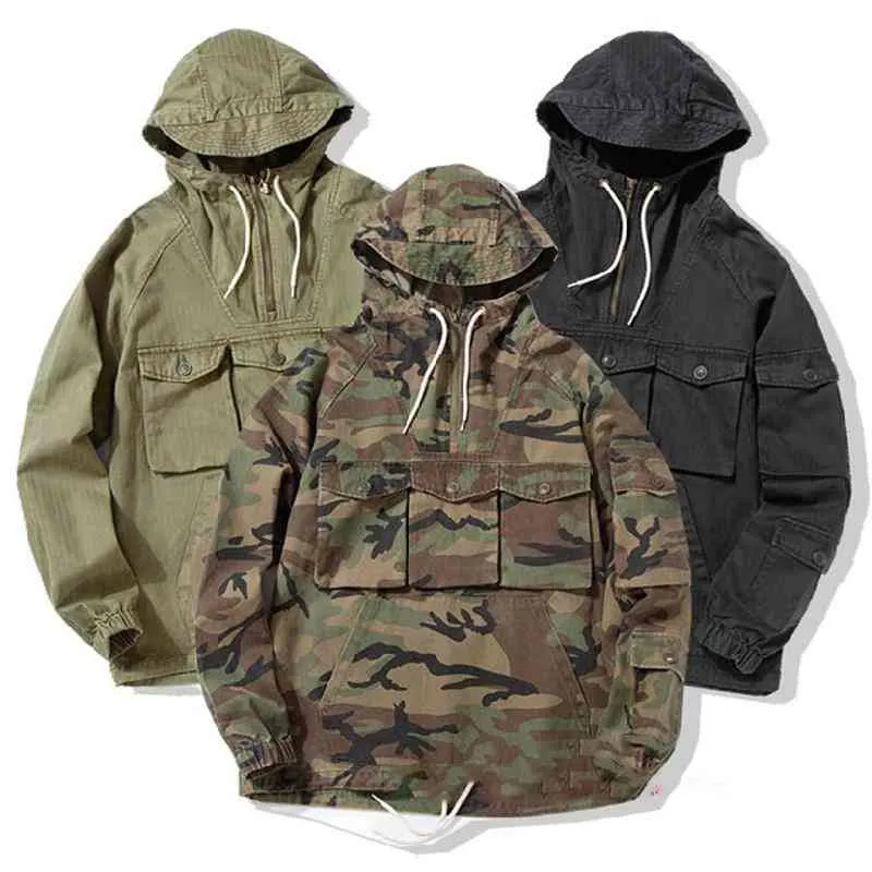 2021 Military Style Camouflage Pullover Hoodies Hip Hop Cool Streetwear Multi-Taschen Safari Hoodie Jacke Trenchcoat