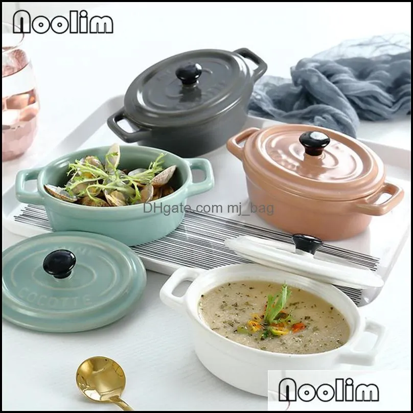 Tigelas tigelas de sobremesa de salada binaural de cerâmica nórdica com tampa de porcelana de porcelana ninho de forno à prova d'água de tabela de tabela de tabela de mesa de mesa mjbag dhgrk