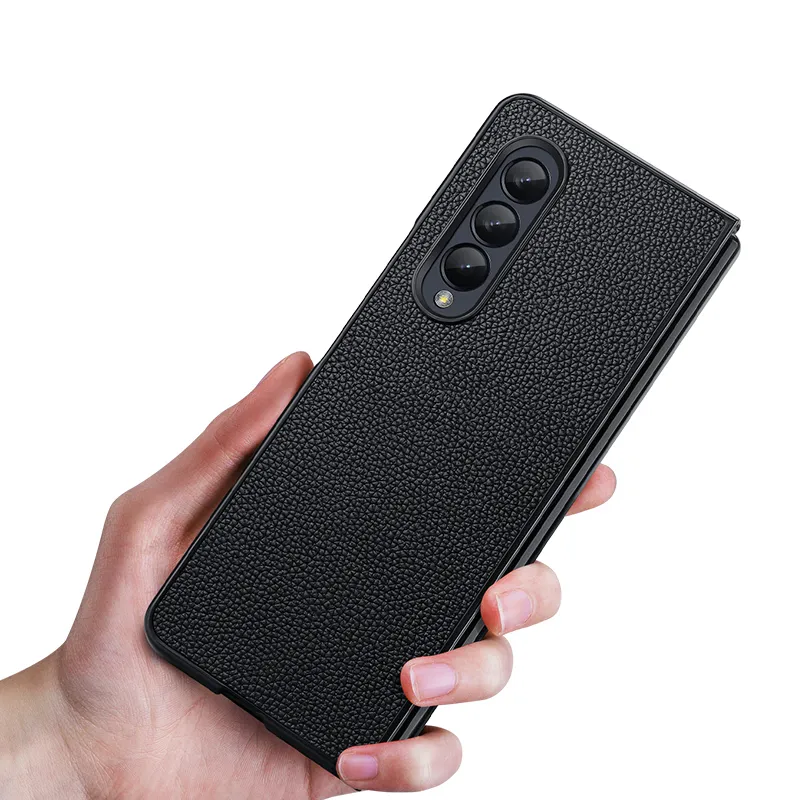 Folding äkta Lychee Grain Leather Phone Case för Samsung Galaxy Z Fold3 Fold4 5G Hållbar Anti-Slip Business Protective Shell Suffsäker