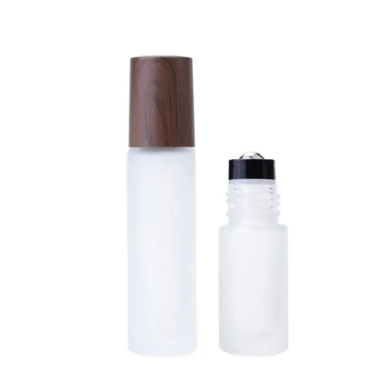 Empty Roll on Massage Refillable Bottle Steel Roller False Wood Lid Portable Cosmetic Packaging Container White Frost Glass Essential Oil Eye Cream Vials 5ml 10ml