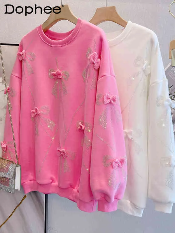 Sweat-shirt à capuche rose avec broderie lourde, perçage à chaud, nœud doux, polaire chaud, couleur bonbon assortie, vêtements d'automne et d'hiver 2022