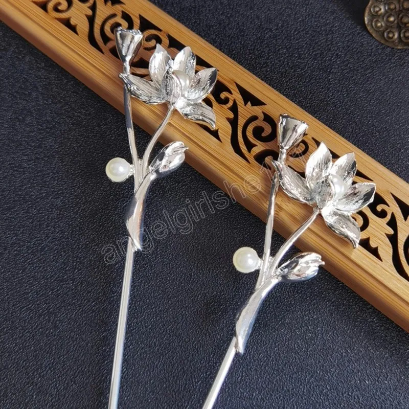 Gold Silver Silver Vintage Lotus Flor Longo Hairpin Beck Stick Metal Hair Pins Acess￳rios Mulheres J￳ias de Cabelo de Banqueto