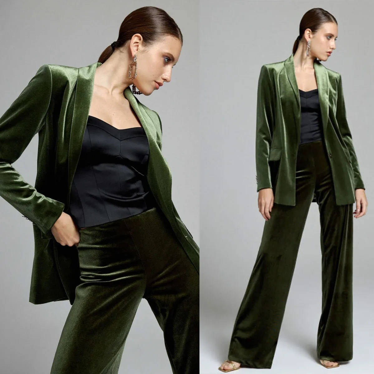 Autumn Leisure Women Women Pants Suit Green Velvet Ladies Business Negócios Evening Festas de festa Um botão Work Work For Wedding 2 PCs