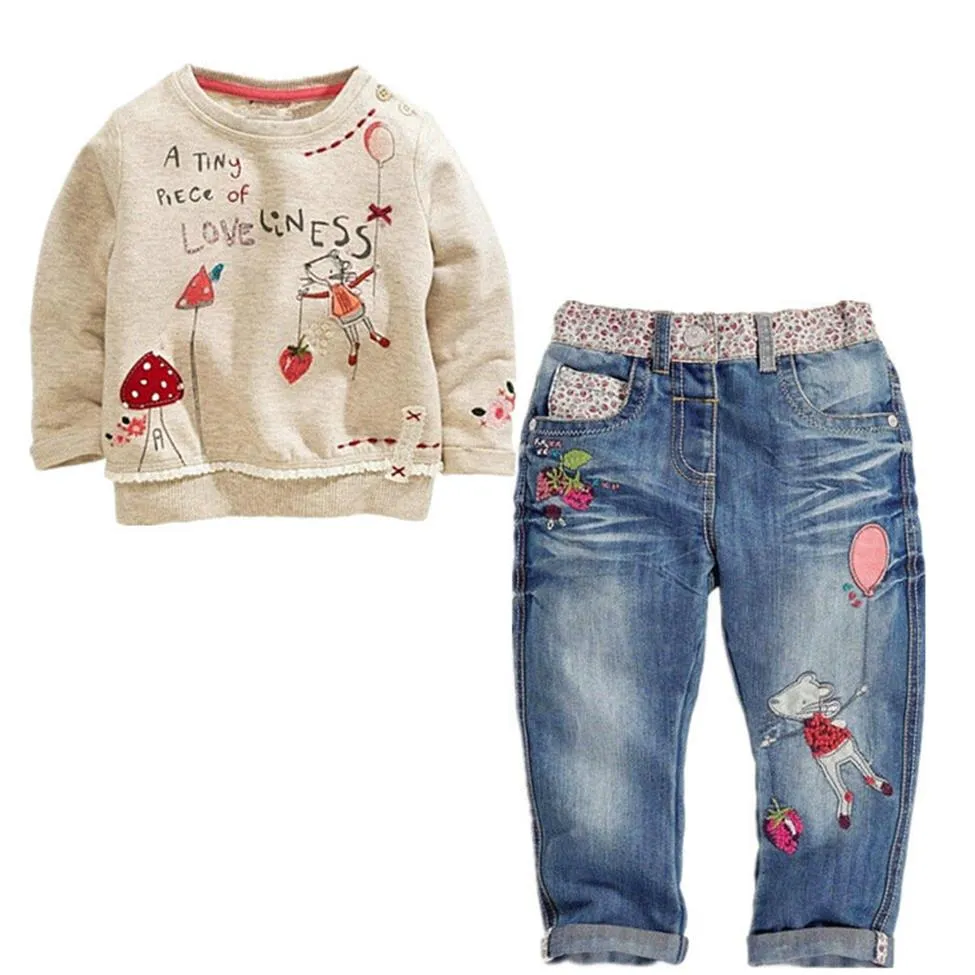 مجموعة ملابس الفتيات مجموعة الخريف أزياء 2pcs 1-6y Kids o-neck t-shirt جينز جينز ملابس الملابس set223x