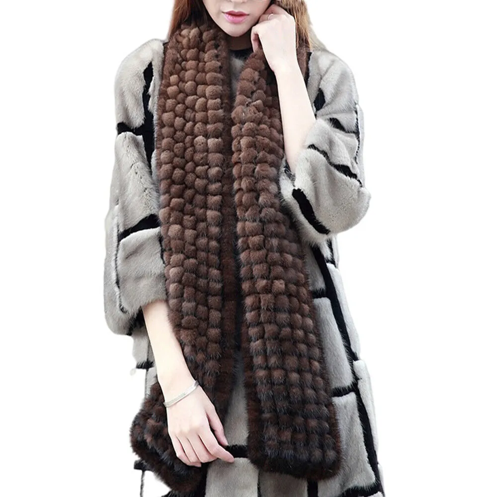 Écharpe en vraie fourrure de vison pour femme, foulard chaud d'hiver fait à la main, Beige, marron, gris