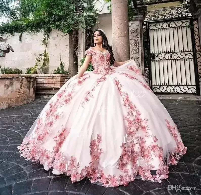 Superbes robes de Quinceanera roses avec appliques de dentelle florale 3D Tulle 2022 robe de bal hors épaule douce 16 fête d'anniversaire bal Occasion formelle tenue de soirée Vestidos