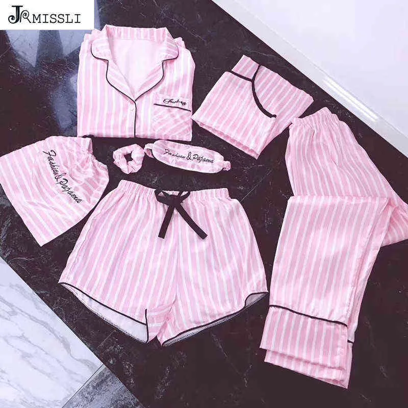 JRMISSLI pyjamas femmes 7 pièces pyjamas roses ensembles satin de soie lingerie sexy home wear sepwear pyjamas ensemble pijama femme 22H0822