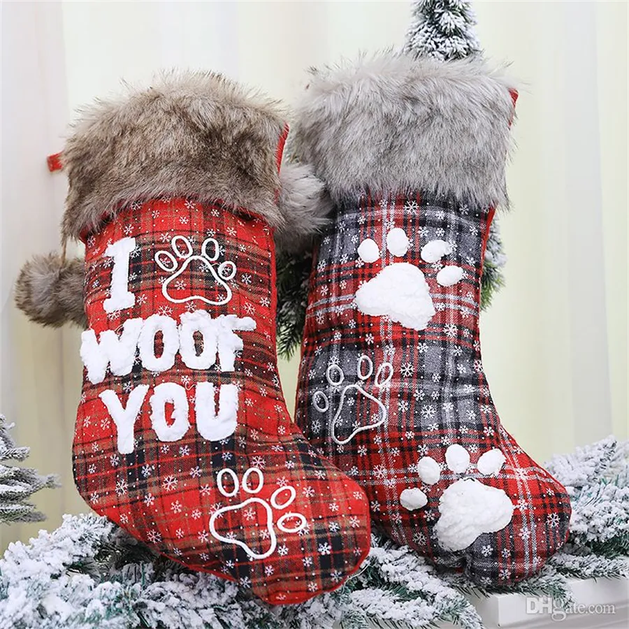 Christmas Tree Stocking Santa Claus Candy Gift Bag Christmas Dog`s Paw Fur Collar Stockings Xmas Party Hanging Decoration