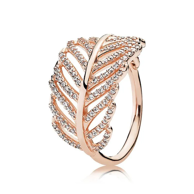 Glamour Feuille D'érable Bague En Or Rose 18K CZ Diamant 925 Bague En Argent Boîte D'origine Pandora Style De Mariage Fiançailles Couple Bijoux