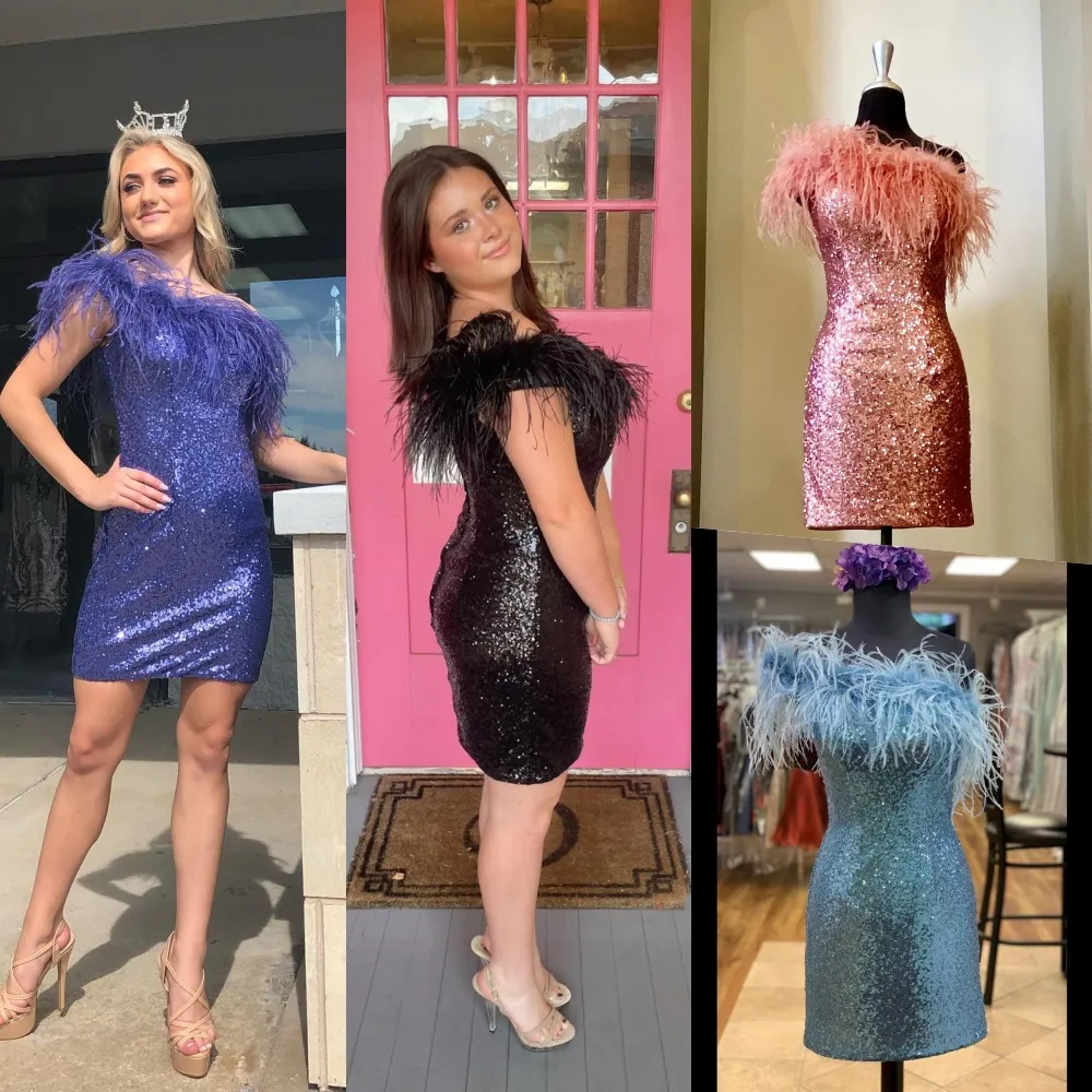 Feather Sequins Cocktail Hoco Dress 2023 Lady Formal Event Party Gown