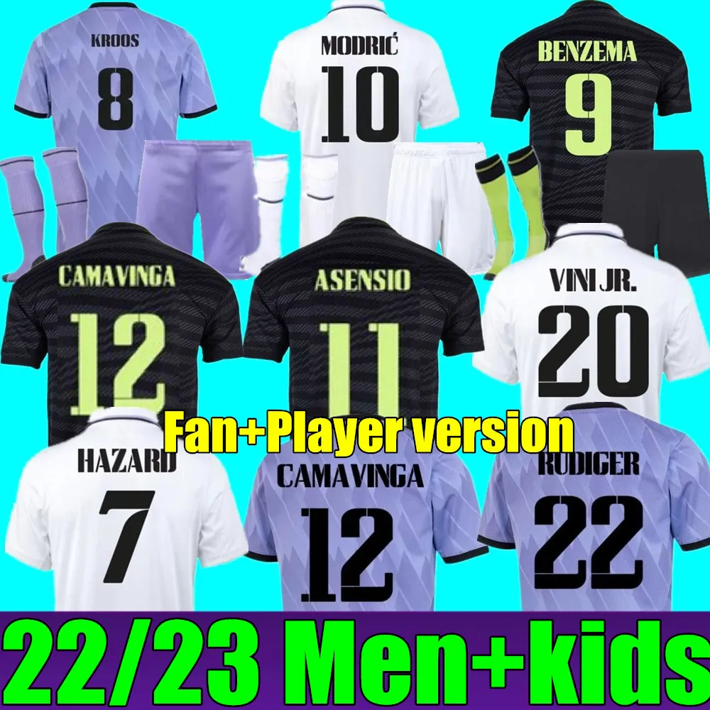 New Men Kids Kit Jerseys de fútbol 22 23 camisas de fútbol ADEMÁS ADEA 3 ° PELIGRO PELIGRO BENZEMA Asensio Real Madrids Modric Marcelo Camiseta 2022 2023 Uniformes