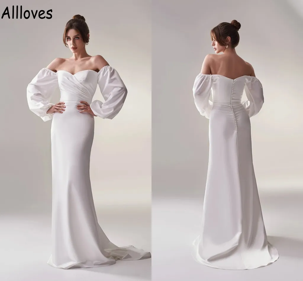 Simple Fashion Off Shoulder Mermaid Wedding Gowns With Long Sleeves Elegant Satin Sweep Train Boho Garden Beach Bridal Dress Arabic Aso Ebi Vestidos De Novia CL0911