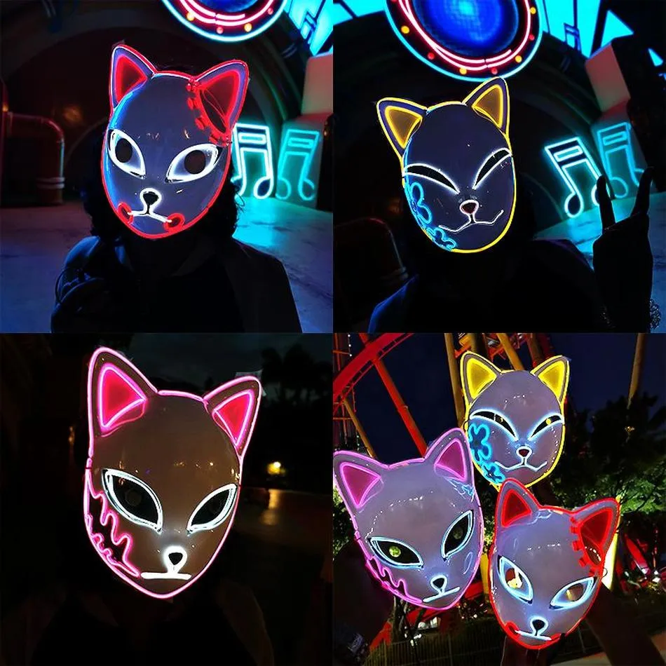 DEMON SLAYER GLOWING EL WIRE Mask Kimetsu No Yaiba Personaggi Cosplay COSTUME Accessori giapponesi Anime Fox Halloween LED Mask DD