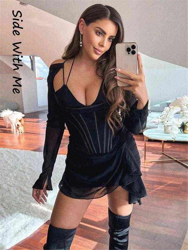 Seite Mit Mir Langarm Bodycon Sexy Mini frauen Kleid 2022 Sommer Aushöhlen Schwarz Party Club Patchwork Frau Kleider t220819