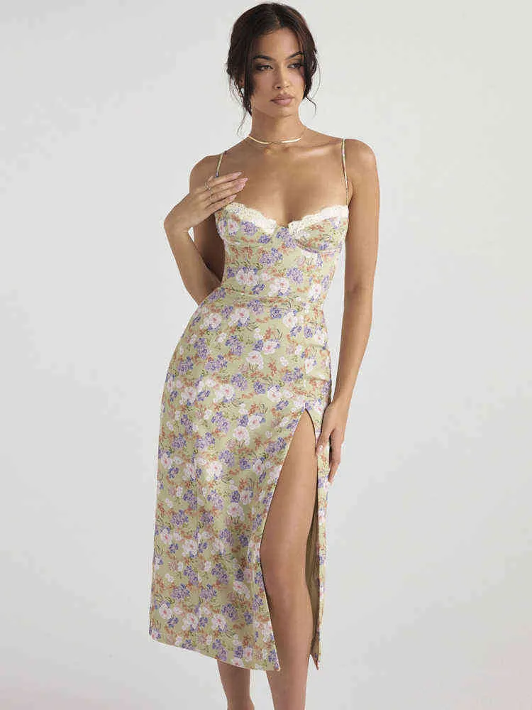 Mozision Elegant Print Flower Spaghetti Betrap Midi платье для женского платья лето новое без рукавов без рукавов с высоким расщепленным платьем Vestido T220819