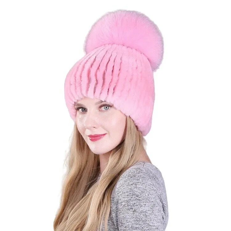 Winter Real Fur Hat Women Rex Rabbit Warm Beanie Cap Handmade Fluffy Soft