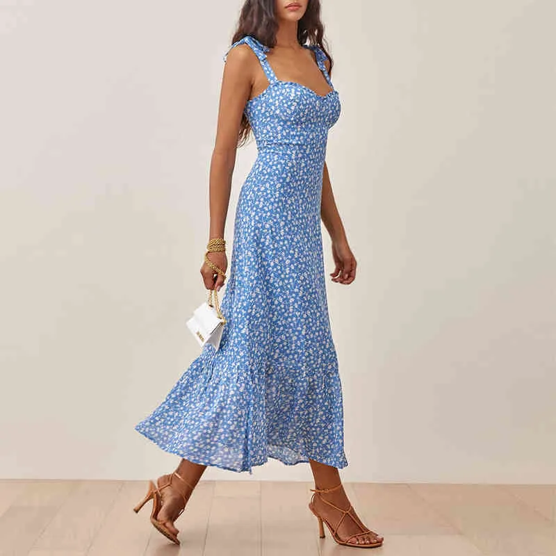 Vestidos de verão para mulheres 2021 Elegante bainha de bainha floral midi vestido frill borwweeart pescoço tira tira sexy deslize vestido t220819