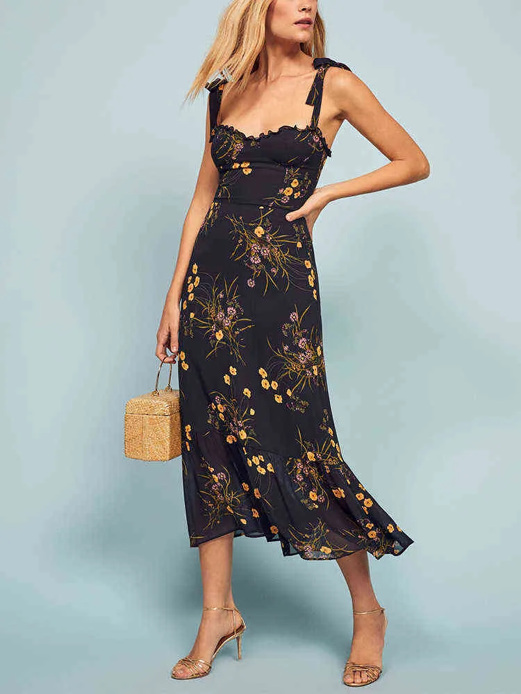 Kleider für Frauen 2022 Elegantes Vintage-Blumenkleid mit Rüschen, herzförmiger Ausschnitt, ärmellos, Riemen, Krawatte, Rüschen am Saum, Sommer-Strandkleid T220819