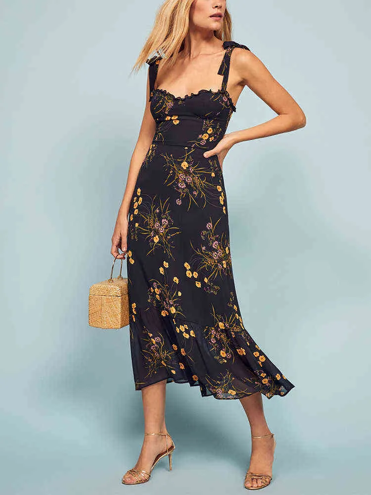 Dresses For Women 2022 Elegant Vintage Floral Dress Frill Sweetheart Neck Sleeveless Strap Tie Ruffle Hem Summer Beach Dress T220819