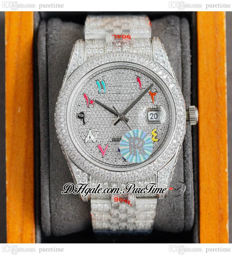 RF 41 126334 ETA A2836 Automatisk herrklocka F￤rger Arabiska skriptbelagda diamantuppringningar Fullt Iced Diamonds 904L Jubileesteel Armband Super Edition Puretime F06C3