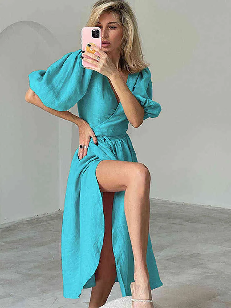 Elegant Midi Women Dress Puff Sleeve A-Line Side Split Vintage Office Damer Long Dresses Chic V-hals Kvinna Summer Wrap Robe T220819