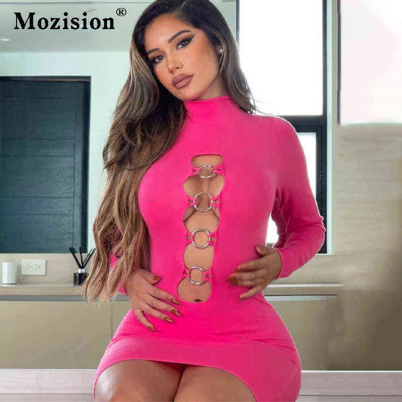 Mozision Sexy Hollow Out Mini vestidos femininos rosa rosa o pescoço de manga longa vestidos de corpocon sólidos na cintura alta T220819