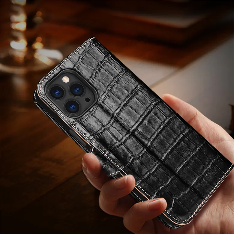 Folio Étui de téléphone en cuir véritable imprimé crocodile pour iPhone 14 13 12 Mini 11 Pro Max XR 7 8 Samsung Galaxy Note10 Plusieurs emplacements pour cartes Portefeuille Embrayage Béquille Shell