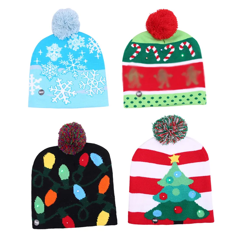 Noël LED lumière tricoté chapeau arbre de noël flocon de neige casquette lumineuse adultes enfants tricot chapeaux de noël fête Prop décor casquettes TH0131