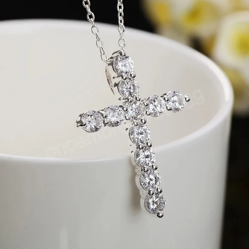 925 Sterling Silver Large Zircon AAA Cross Pendant Necklace For Women Fashion Wedding Party Charm Jewelry