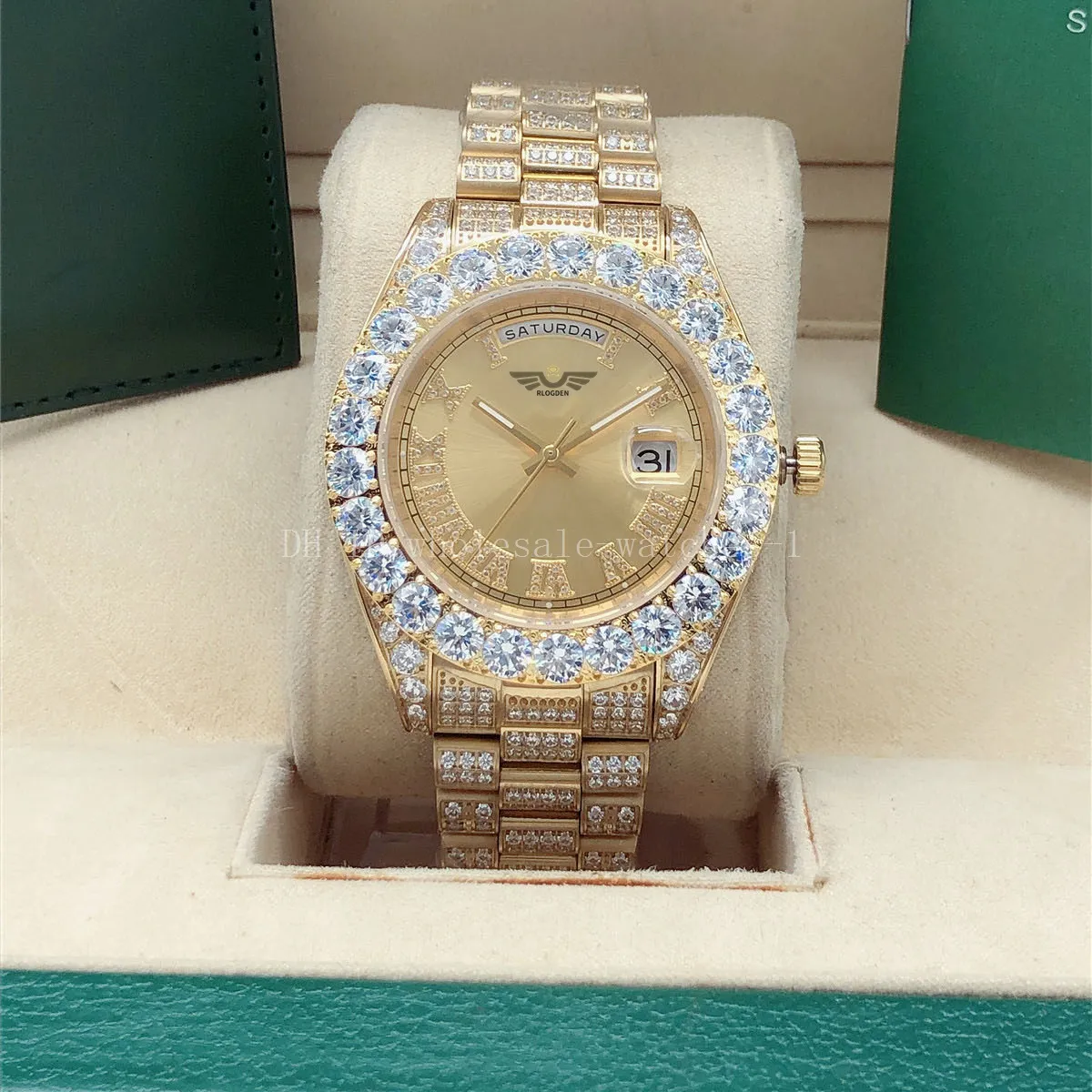 Reloj lleno de diamantes 218238 Big Diamond Bisel 43 mm Esfera romana Oro amarillo dail hombres 2813 relojes mecánicos automáticos Reloj de pulsera con caja original