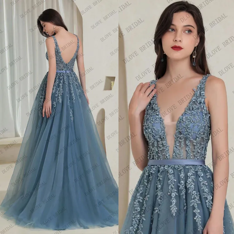 Élégant col en V gris bleu longues robes De soirée 2022 fête Sexy dos nu Robe De bal sans manches Robe De soirée pour les femmes