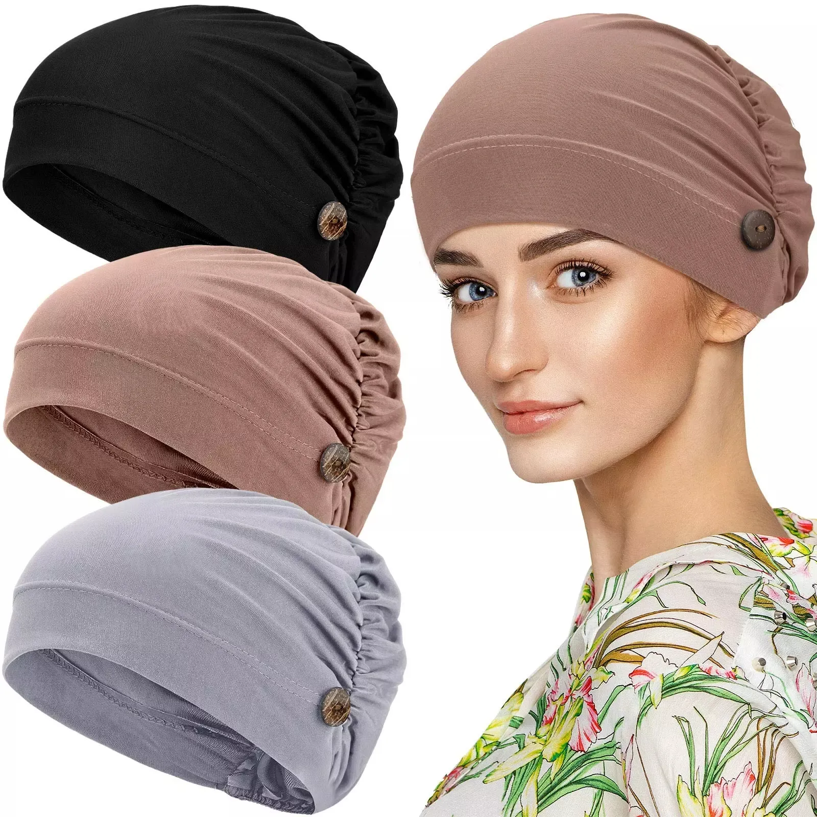 Ramadan Muslim Fashion Bouffant Hijab Caps con bottoni Unisex fascia elastica Turbante Bonnet per le donne pronto da indossare