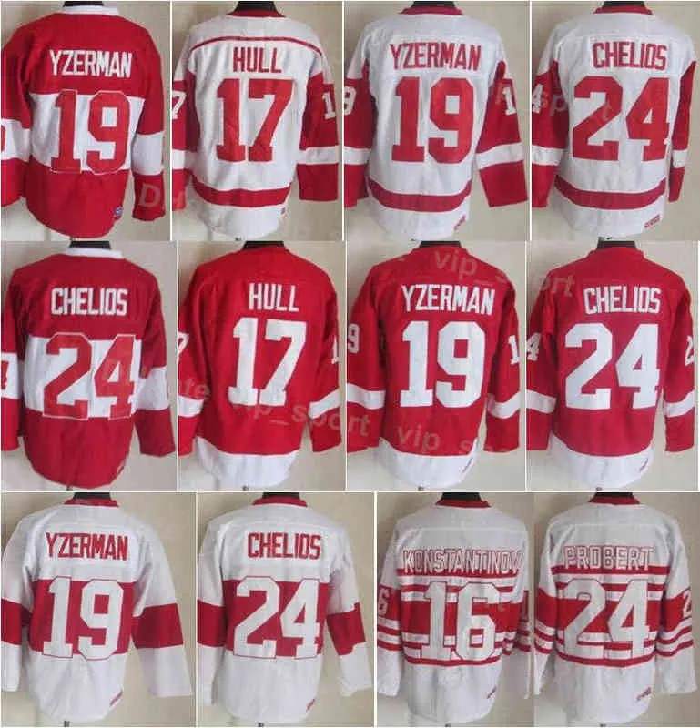 Men Hockey Vintage Retro 24 Chris Chelios Jersey 16 Vladimir Konstantinov 17 Brett Hull 19 Steve Yzerman 91 Sergei Fedorov 75th Year Sti