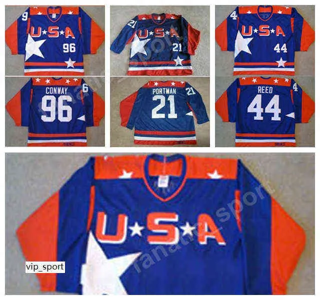 EE. UU. Película 96 Charlie Conway 21 Dean Portman 44 Fulton Reed Camisetas de hockey sobre hielo Deportes Azul cosido