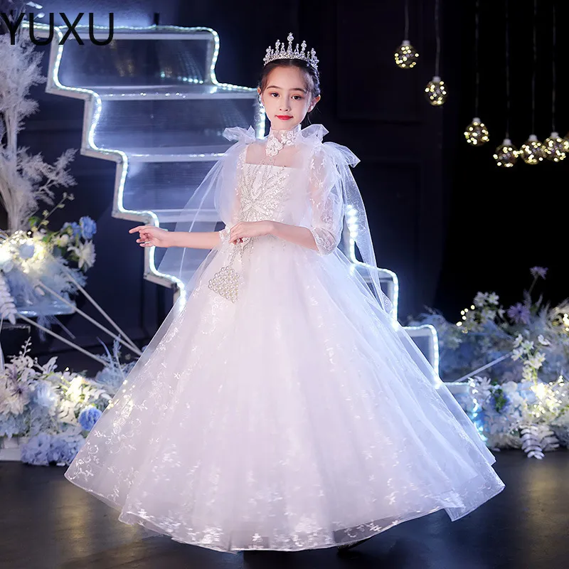Neujahrsepailletten Blumenkleider für Hochzeit Lange weiße erste heilige Kommunion Kinder Prom Kleid Mädchen Festzugskleider 403