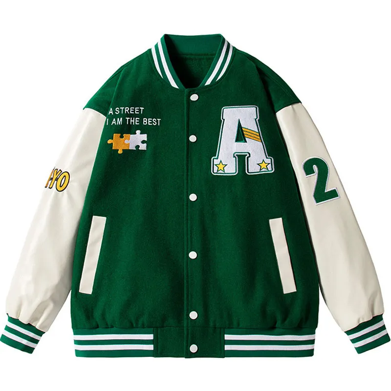 Männer Jacken Hip Hop Männer Varsity Jacke Puzzle Brief Stickerei Patchwork Retro Frühling Frau PU Leder Bomber Mantel männer