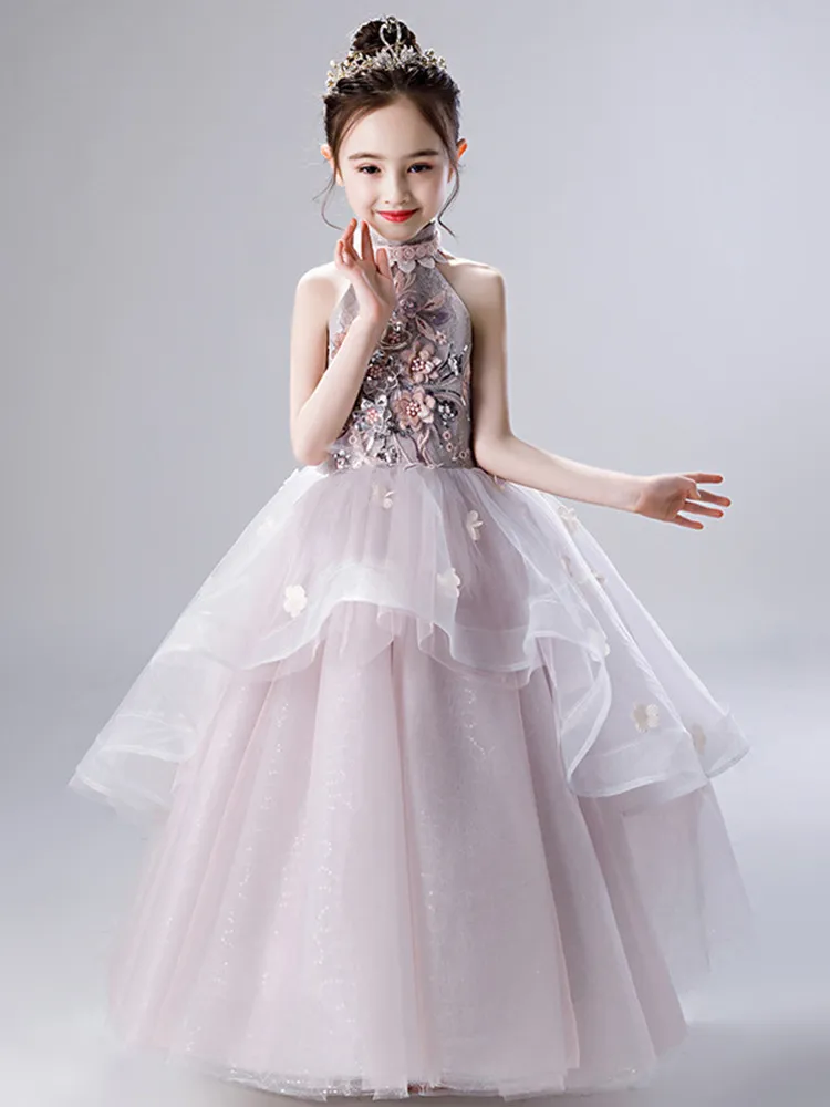 floral beaded Flower Girl Dresses With Lace Appliques Illusion Long Sleeves Girls Pageant Dress Kids Birthday Gowns For Photo Shoot High low