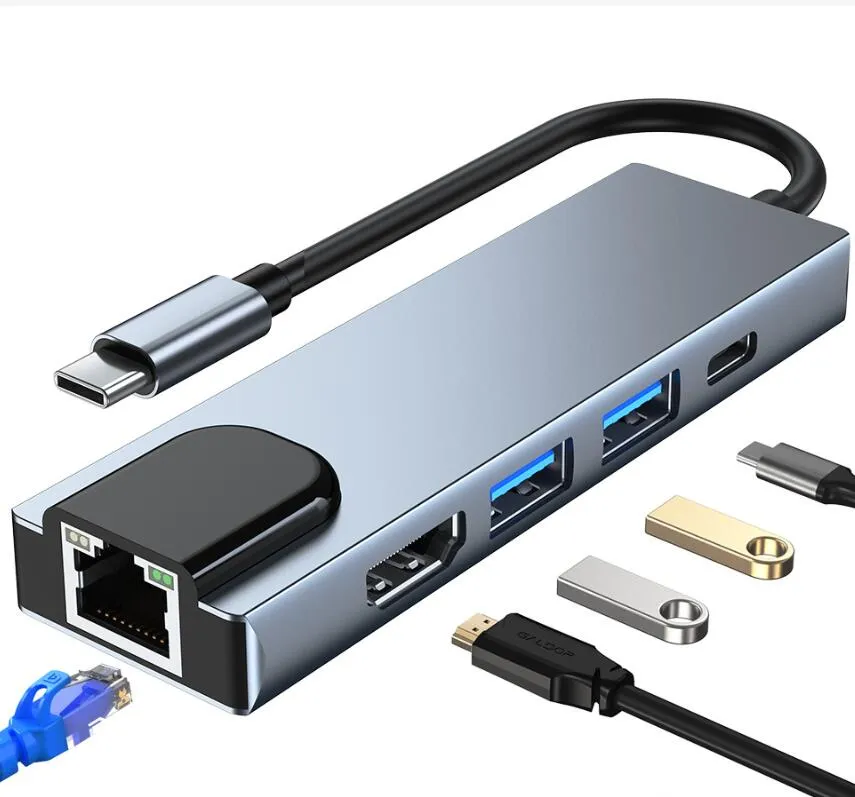 USB C Hub لـ MacBook 5 8 في 1 محول PC PD Charge 8 Ports Dock Station RJ45 التوافق TF/SD Card Macbook Type-C Flitter