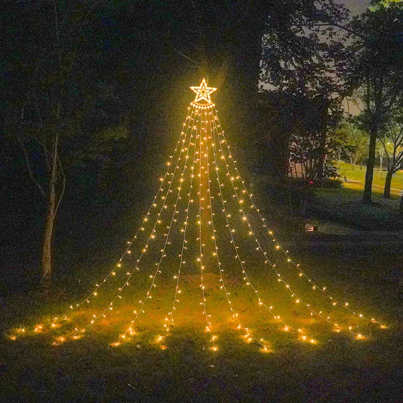 Kerstdecoraties LED Pentagram Waterfall Hanging Tree Water Lamp Outdoor Decoratie Courtyard Remote Control Solar Lamp