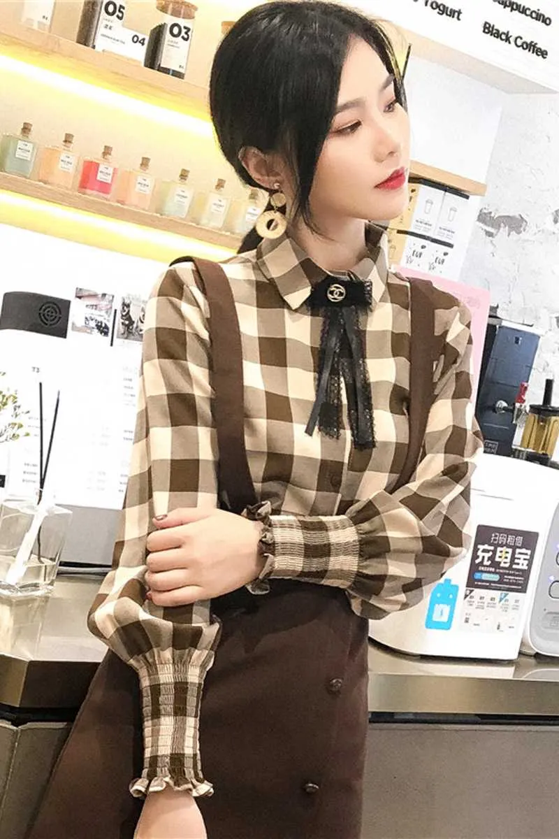 Blouses Femmes Chemises Mode Vintage Plaid Rétro Femmes Dames À Manches Longues À Carreaux Coton Casual Tops Blusas Femme Plus TailleFemmes