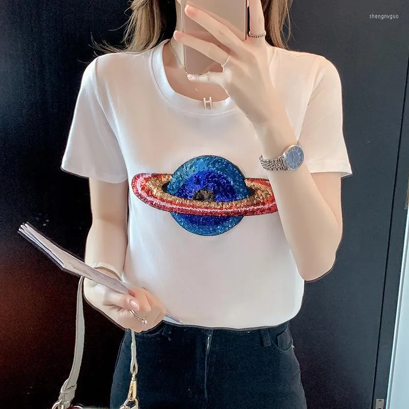 Planète Paillettes Manches Courtes T-shirt femme Mince 2022 Mode d'été Style Coréen Quotidien T-Shirt Décontracté Chemise Dames Hauts