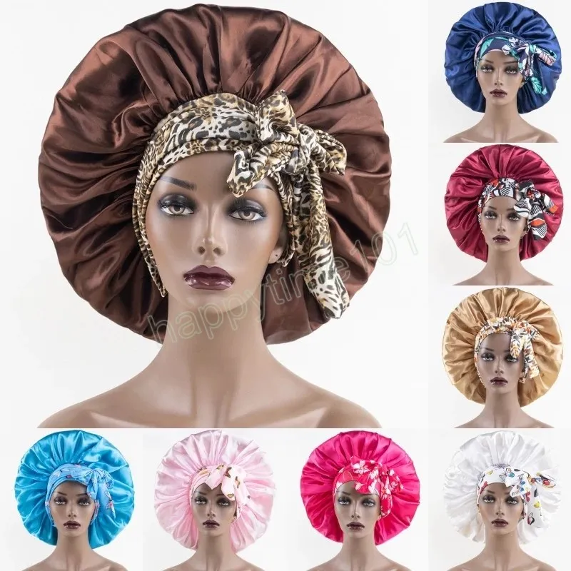 Berretto da notte con lacci stampati in raso grande rotondo Moda donna africana Elastico lungo fiocco a nastro Cura dei capelli Cappello da notte di bellezza