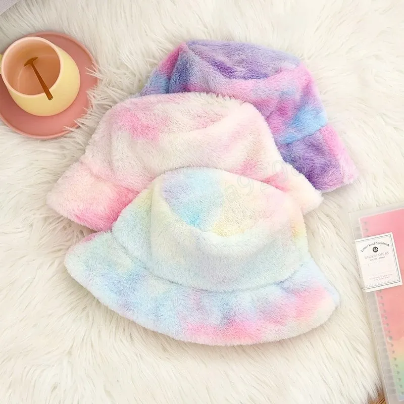 Rainbow Print Winter Warm Furry Bucket Hat Fashion Tie Dye Soft Plush Fisherman Cap Faux Fur Thick Panama Caps For Women Girls