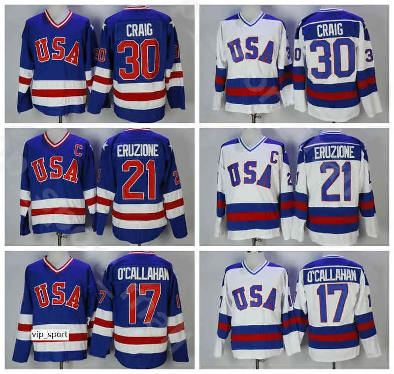 Vintage Ice Hockey 1980 USA Jersey Uomo College Blu Bianco 17 Jack Ocallahan 30 Jim Craig 21 Mike Eruzione Tutta la qualità cucita