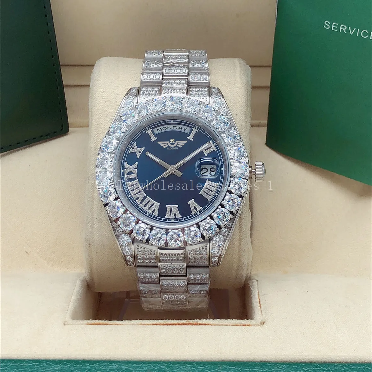 Full Diamond Prezydent Watch 218238 Big Diamond Bezel 43 mm Roman Dial Yellow Silver Men Men's Men's 2813 Automatyczne zegarki na rękę Blue Dail z oryginalnym pudełkiem